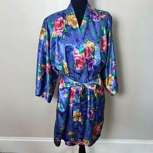 California Dynasty Blue  Floral Satin Robe Kimono Style, One Size